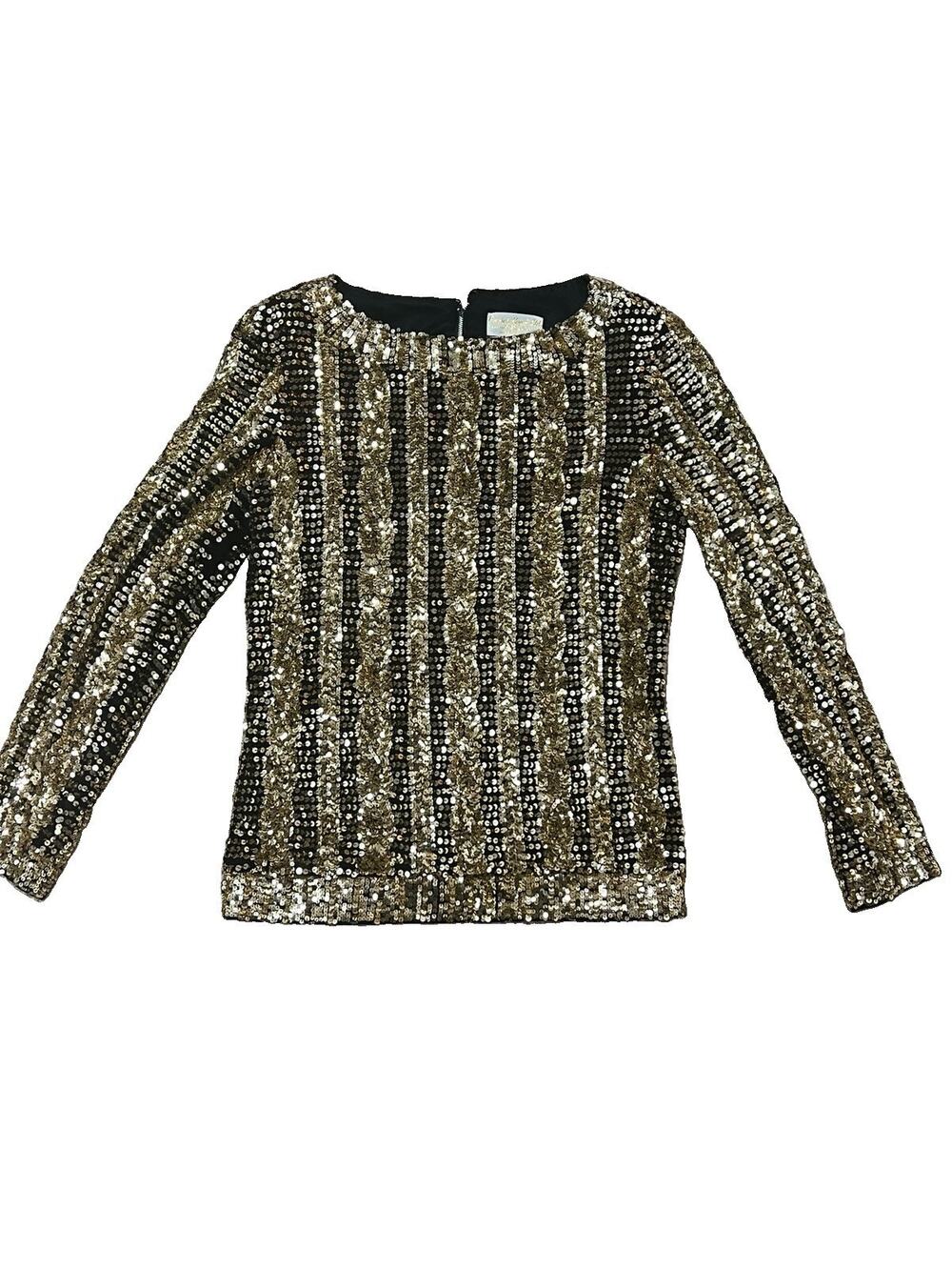 Vintage 80's Victoria Royal Gold Sequin Top Size 10 3/4 Sleeve Disco Retro